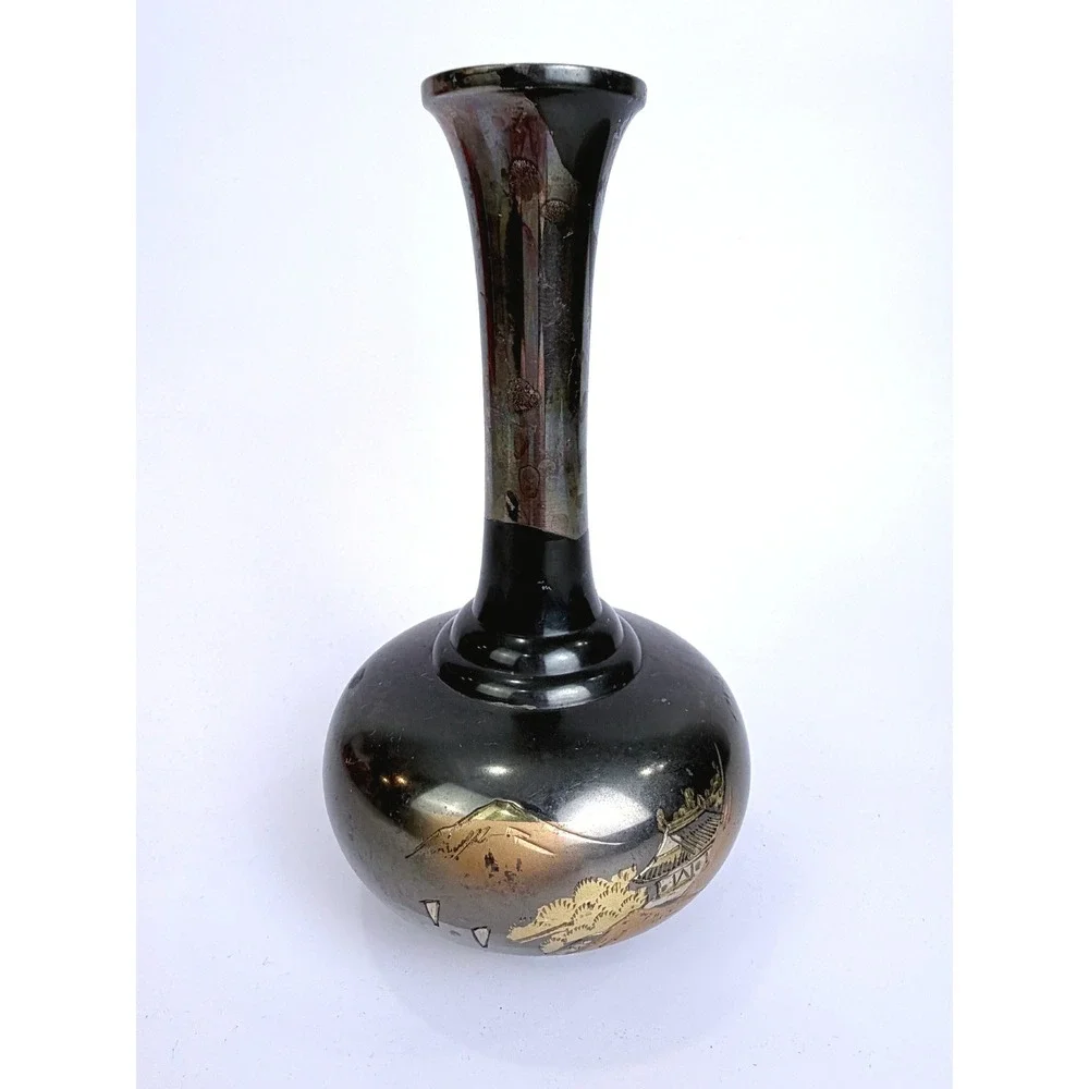 Vintage Japanese Amita Damascene Bud Vase Black Gold Silver Pagoda Mt Fuji 6.25